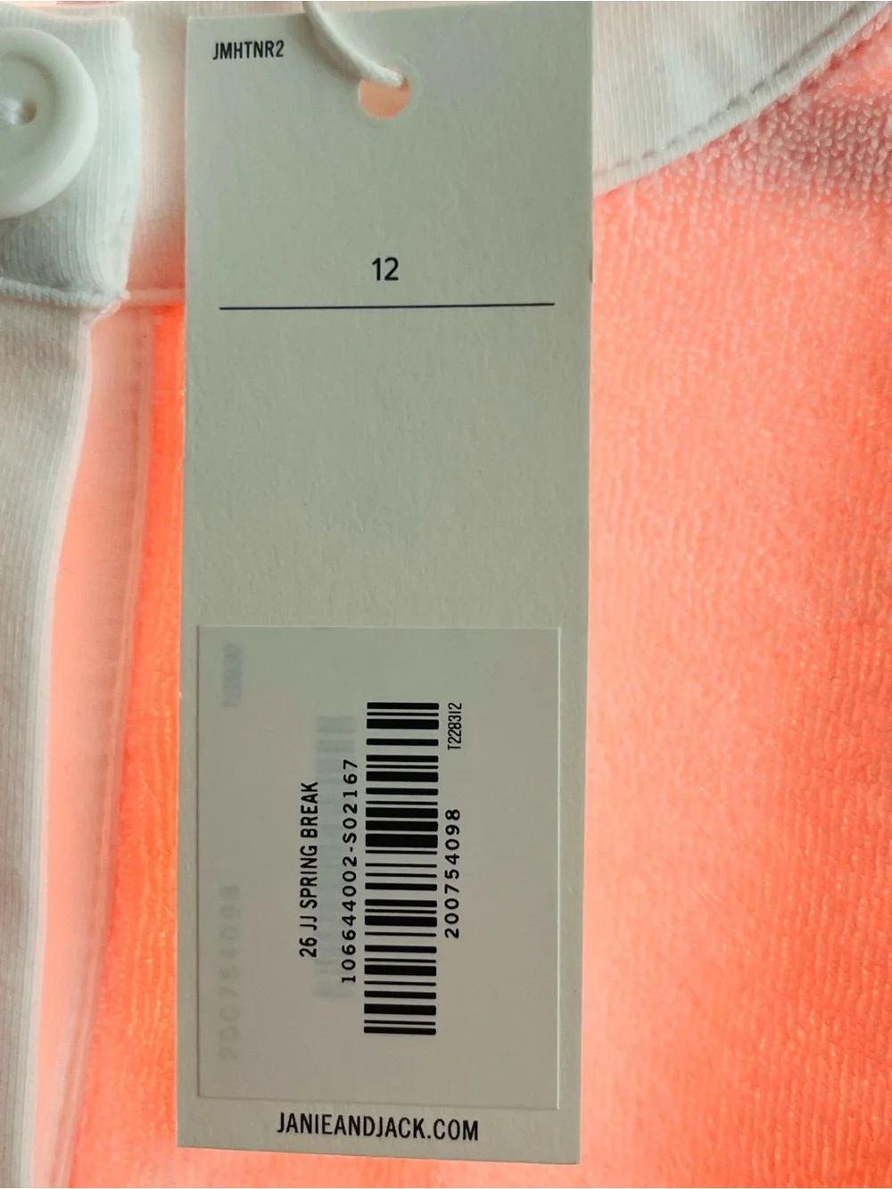 Janie and Jack Peach-Pink Terry Button-Front cover up with White Trim